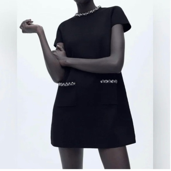 Zara Black Faux Suede Embellished Pocket Mini Dress | Size Small | Detail Shift - Picture 2 of 10